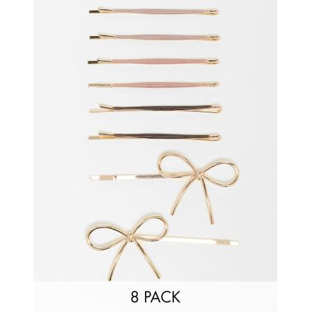 Kitsch Set van 8 haarspelden van metaal met bol email en strikjes in 'rosewood'-Geen kleur