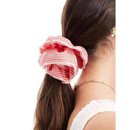 Pieces XL scrunchie in rode gingham ruit-Rood