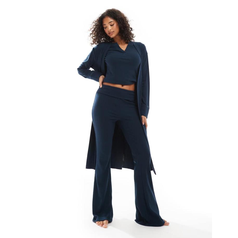 ASOS DESIGN Geribbelde badjas in marineblauw Blauw