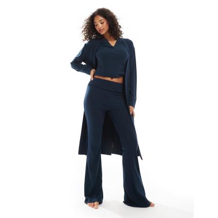 ASOS DESIGN Geribbelde badjas in marineblauw