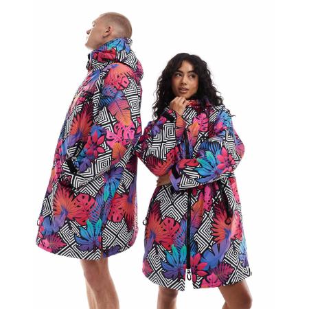 OOSC Big Poppa Badjas van zwarte sherpastof in roze, blauw en paars