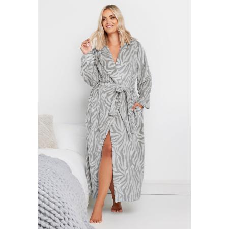 Yours Lange Badjas Met Sjaalkraag En Zebraprint In Grijs Size 42-44
