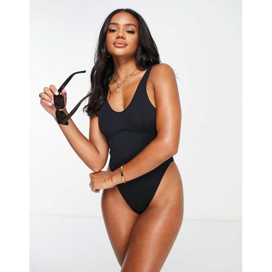 Candypants Geribbeld badpak met beugel in zwart Zwart