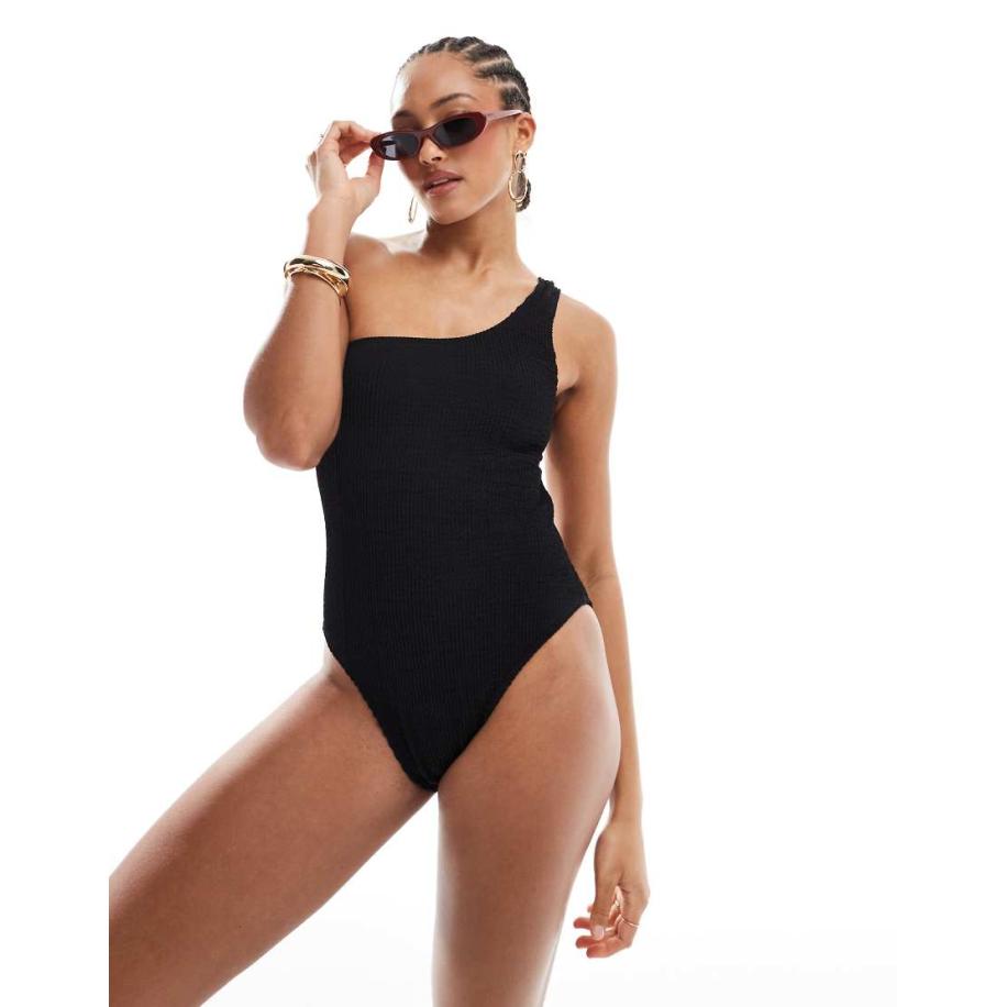 4th & Reckless Badpak van kreukelstof met blote schouder en uitsnijding aan de achterkant in zwart Zwart
