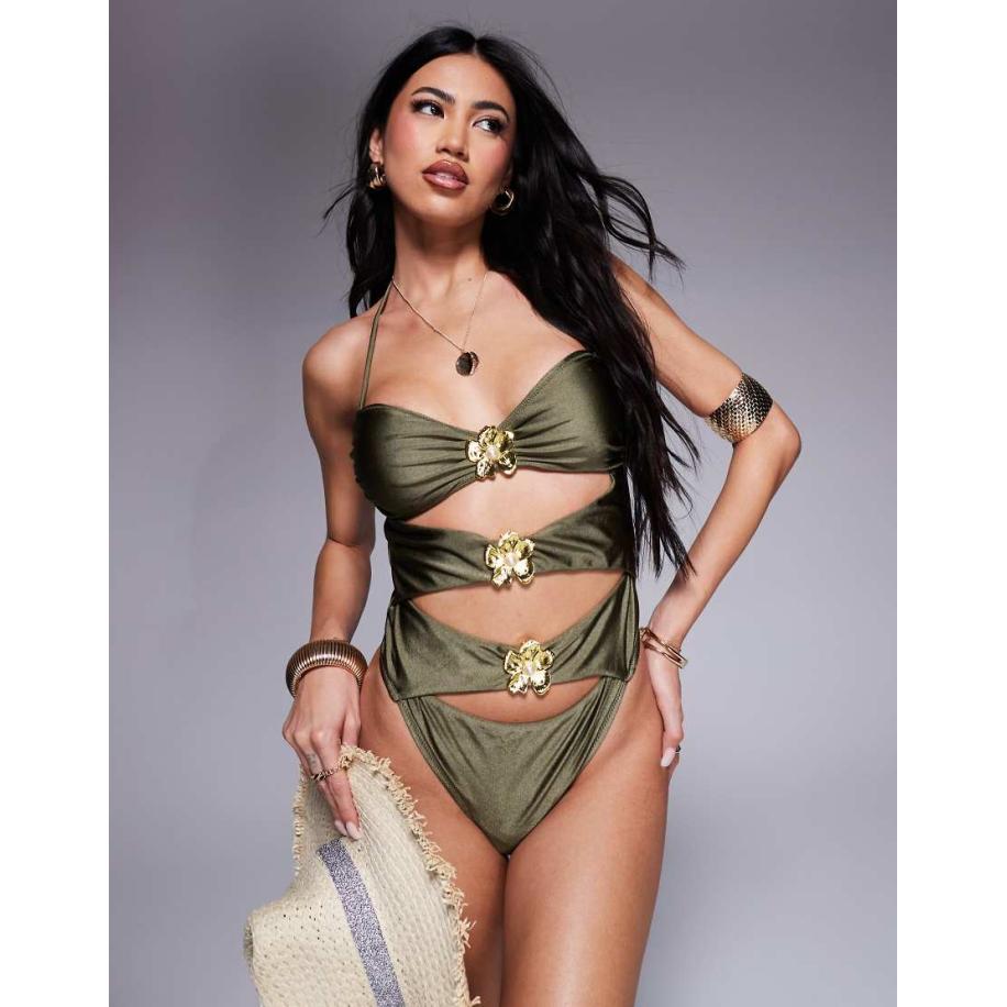 Candypants Badpak met uitsnijdingen en gouden bloemvormige hardware in olijfgroen Groen