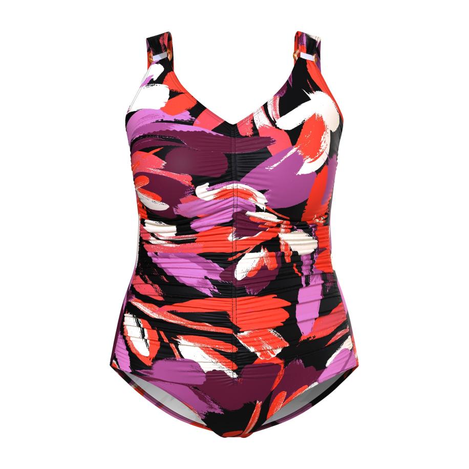 Ulla Popken Ulla Popken Badpak donkerlila / rood / zwart / natuurwit -