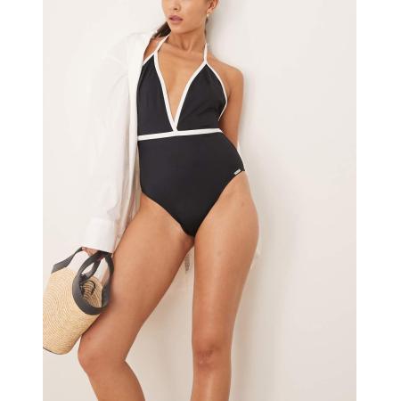 Free Society Badpak met diep decolleté en contrasterende bies in zwart en wit