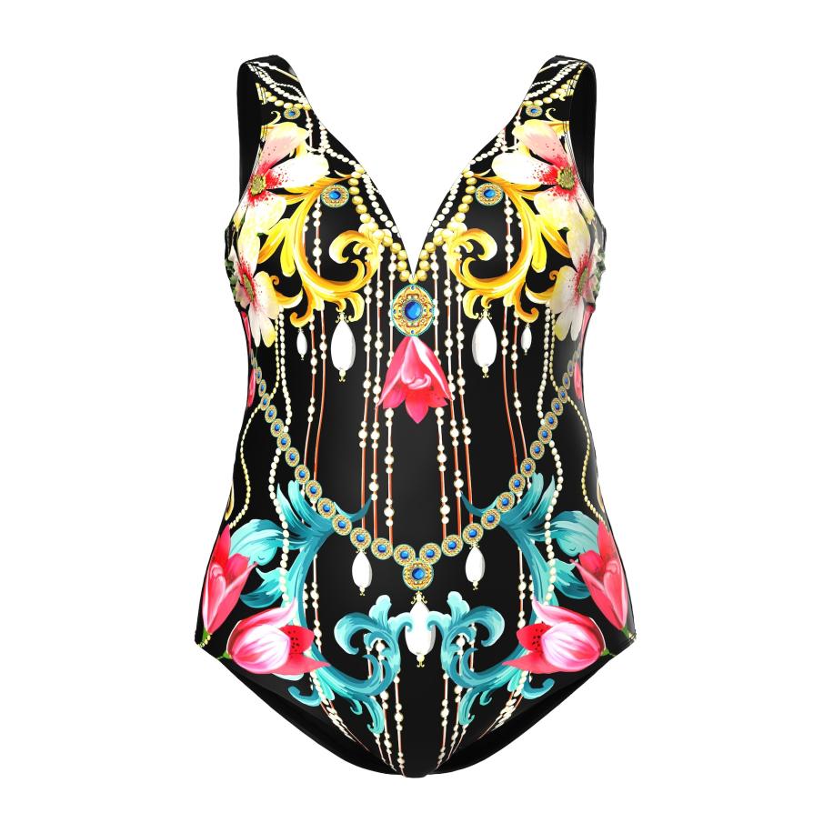 Ulla Popken Ulla Popken Badpak azuur / geel / pink / zwart -