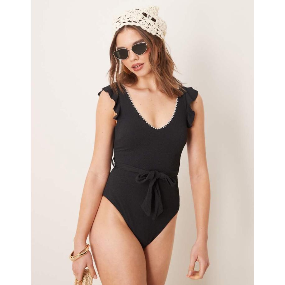 New Look Badpak met ruches en festonsteek in zwart Zwart