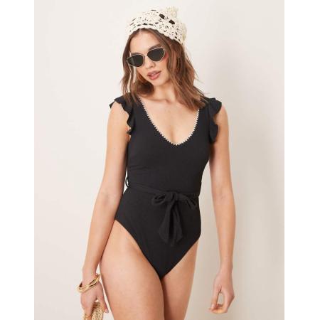 New Look Badpak met ruches en festonsteek in zwart