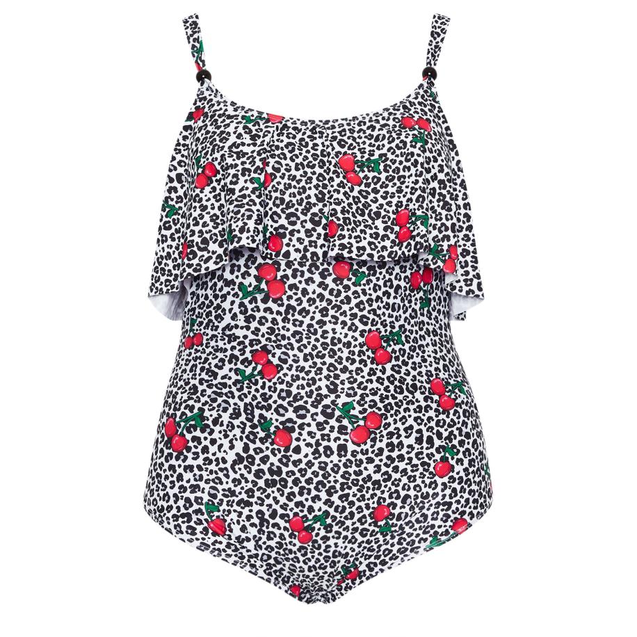 Yours Plus Size White Leopard Print Frill Swimsuit Size 56 Wit
