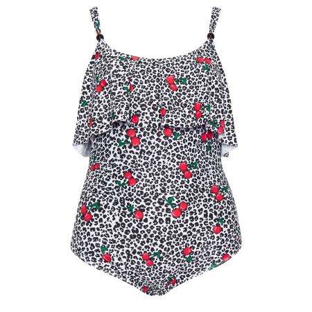 Yours Plus Size White Leopard Print Frill Swimsuit Size 56