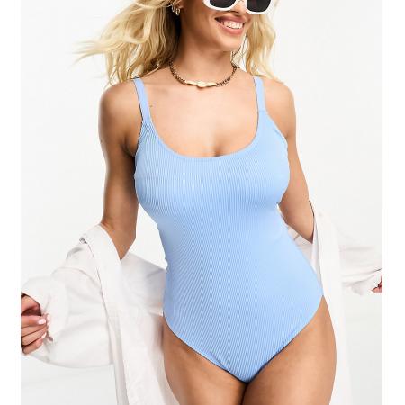 Ivory Rose Vollere buste Geribbeld badpak met lage ronde hals in blauw