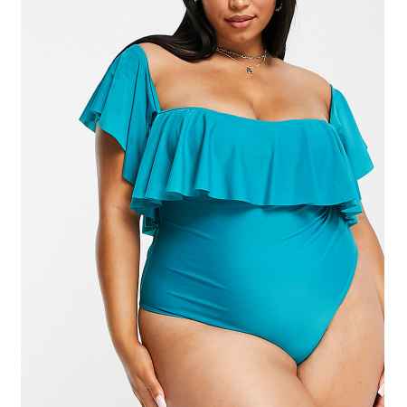 Brave Soul Plus Bandeau zwempak met ruches in blauw-Groen