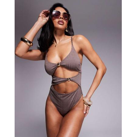 ASOS DESIGN Tayla Badpak met uitsnijdingen en gouden knopen in bruin