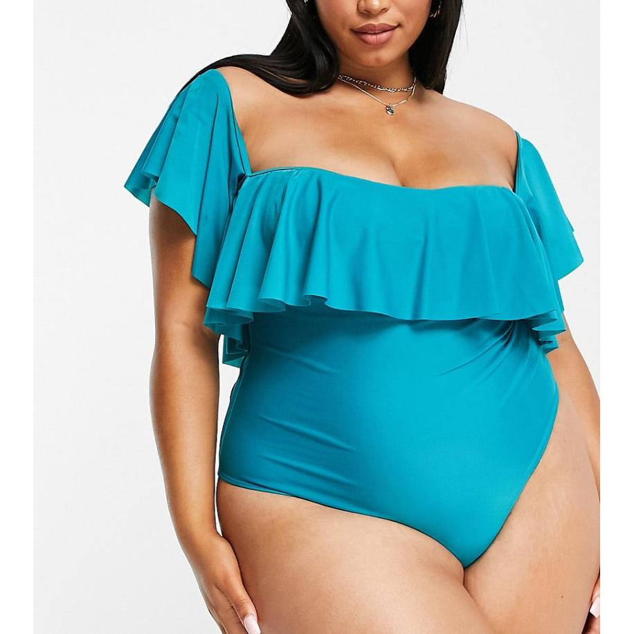 Brave Soul Plus Bandeau zwempak met ruches in blauw-Groen Groen