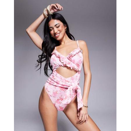 River Island Badpak met overslag en fijne print in lichtroze