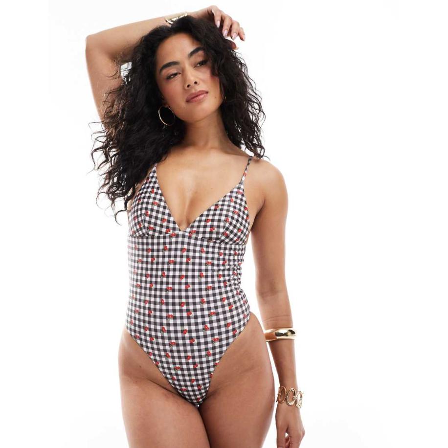 Daisy Street Badpak in gingham ruit, bloemen en V-hals-Zwart Zwart