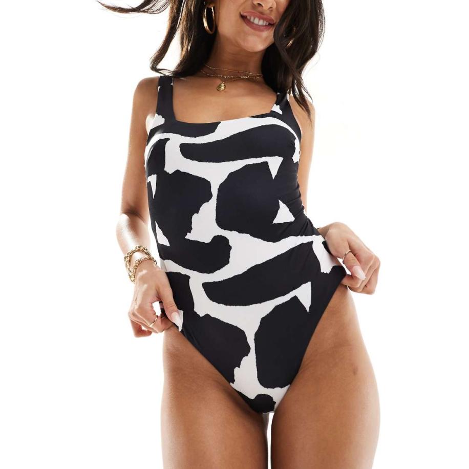 ASOS DESIGN Sheri Badpak met vierkante hals en lage achterkant en abstracte print in monochroom-Veelkleurig Multicolor