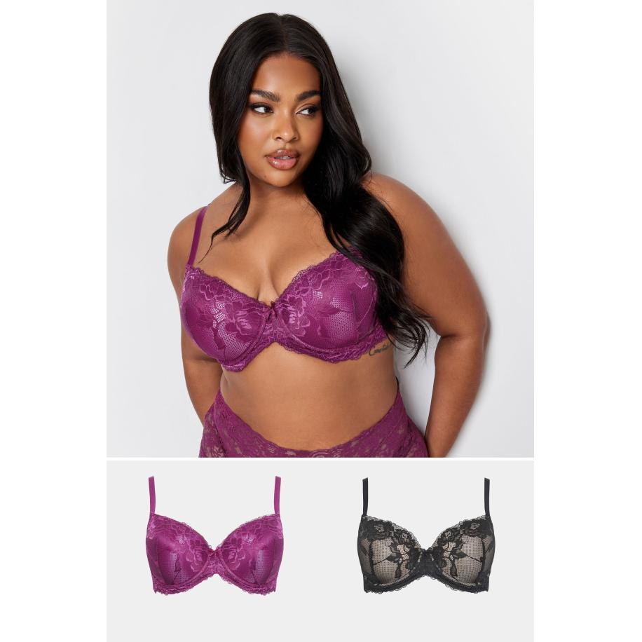 Yours 2 Pack Voorgevormde Satijnen Bh's Met Kant In Paars/Zwart Size 110F Paars