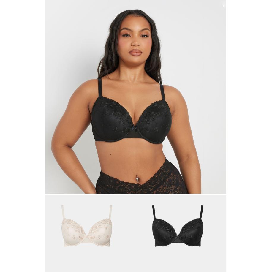 Yours 2 Pack Voorgevormde Bh's Met Geborduurd Bloemenkant In Zwart/Wit Size 110G Zwart