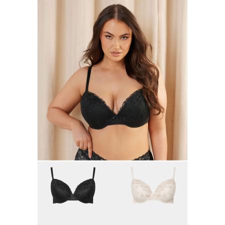 Yours 2 Pack Voorgevormde Bh's Met Geborduurd Bloemenkant In Zwart/Wit Size 110G