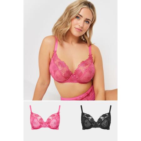 Yours 2 Pack Nietvoorgevormde Bh's Met Bloemenkant In Roze/Zwart Size 110G