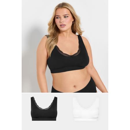 Yours 2 Pack Bralettes Met Kanten Rand In Zwart/Wit Size 62-64