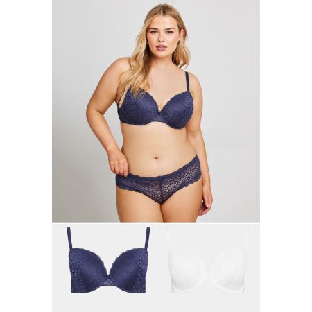 Yours 2 Pack Voorgevormde Kanten Bh's Met Beugel In Donkerblauw/Wit Size 110J
