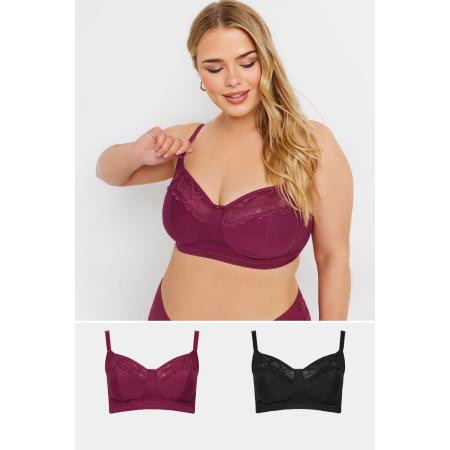 Yours 2 Pack Bh's Zonder Beugel Met Kanten Inzet In Rood/Zwart Size 115L
