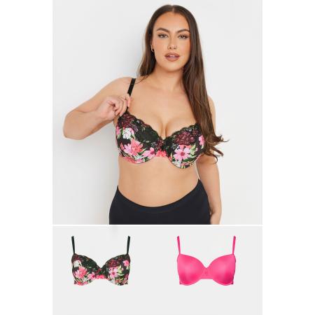 Yours 2Pack Curve Zwarte En Roze Bloemenprint Voorgevormde Bh's Size 100J