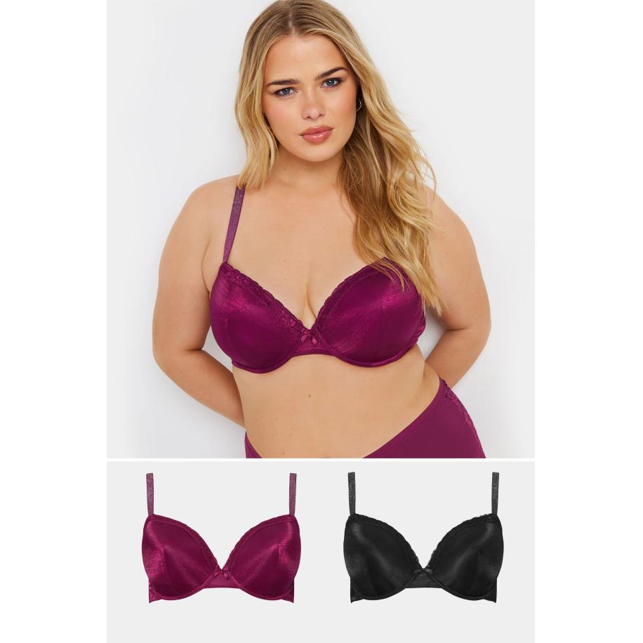 Yours 2 Pack Voorgevormde Tshirt Bh's Met Kanten Rand In Bordeauxrood/Zwart Size 110J Rood