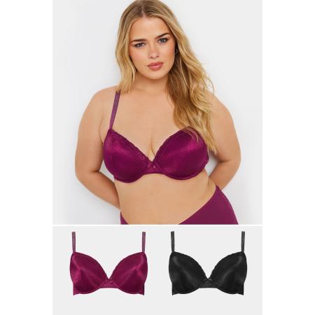 Yours 2 Pack Voorgevormde Tshirt Bh's Met Kanten Rand In Bordeauxrood/Zwart Size 110J