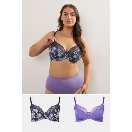 Yours 2Pack Curve Zwarte En Paarse Bloemenbeugelbeha's Size 110G