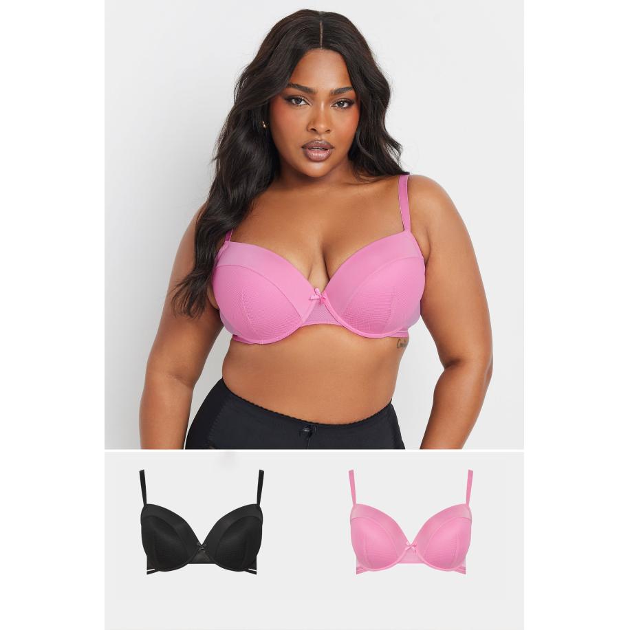 Yours Curve 2Pack Zwarte En Roze Mesh Gevulde Plunge Bh's Size 115G Zwart