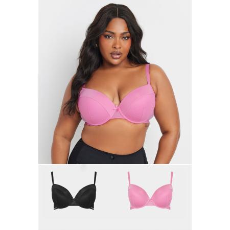 Yours Curve 2Pack Zwarte En Roze Mesh Gevulde Plunge Bh's Size 115G
