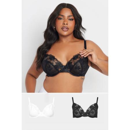 Yours 2 Pack Nietvoorgevormde Bh's Met Bloemenkant En Beugel In Zwart/Wit Size 110G