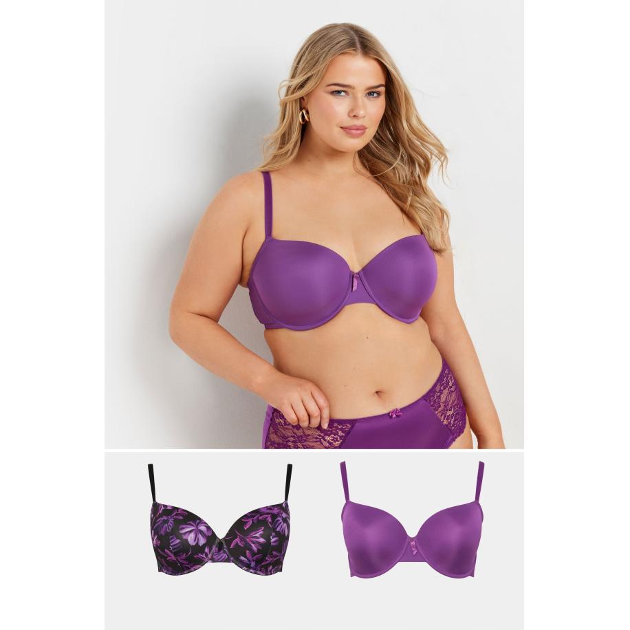 Yours 2 Pack Voorgevormde Tshirt Bh's Met Bloemmotief In Paars Size 100D Paars