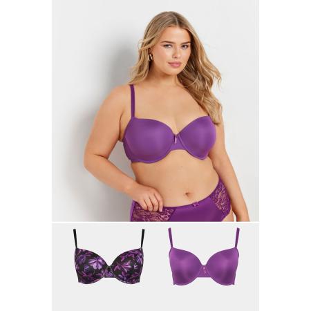 Yours 2 Pack Voorgevormde Tshirt Bh's Met Bloemmotief In Paars Size 100D