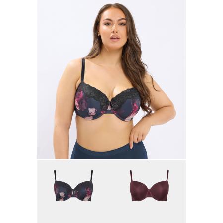 Yours 2Pack Curve Marineblauwe Tshirt Bh's Met Bloemenprint Size 100J