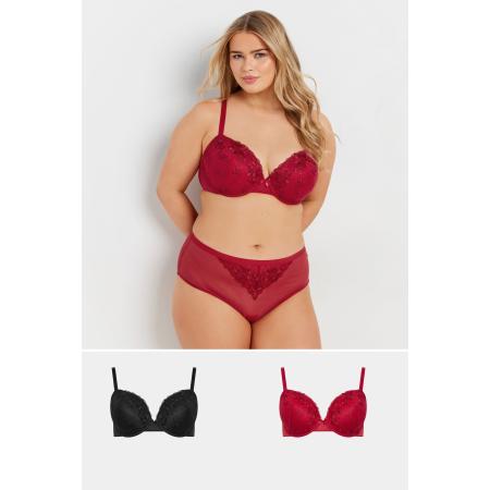 Yours 2 Pack Voorgevormde Bh's Met Bloemborduursel In Zwart/Rood Size 110J