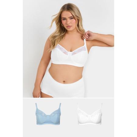 Yours 2 Pack Bralettes Van Katoen Met Kanten Bies In Blauw/Wit Size 85L