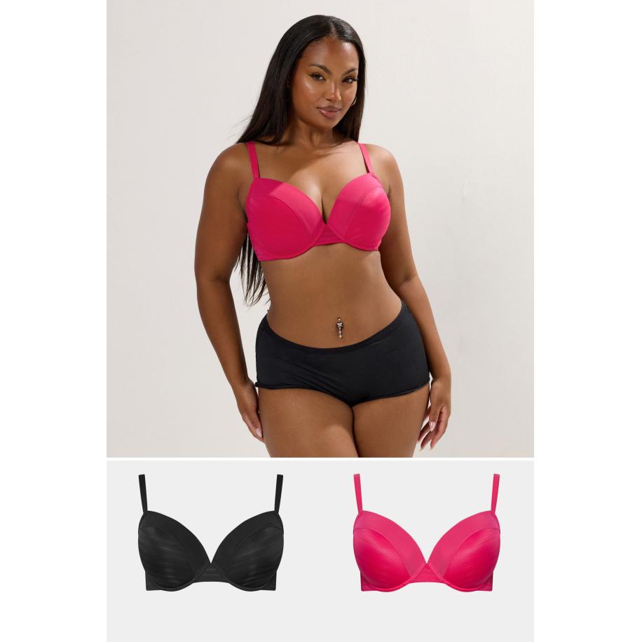 Yours 2Pack Curve Zwart & Roze Burnout Gestreepte Tshirt Bh's Size 110G Roze
