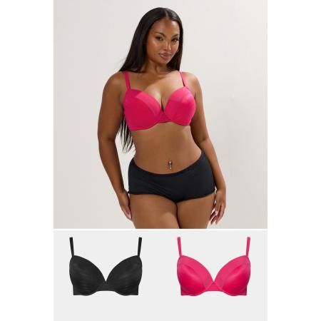 Yours 2Pack Curve Zwart & Roze Burnout Gestreepte Tshirt Bh's Size 110G