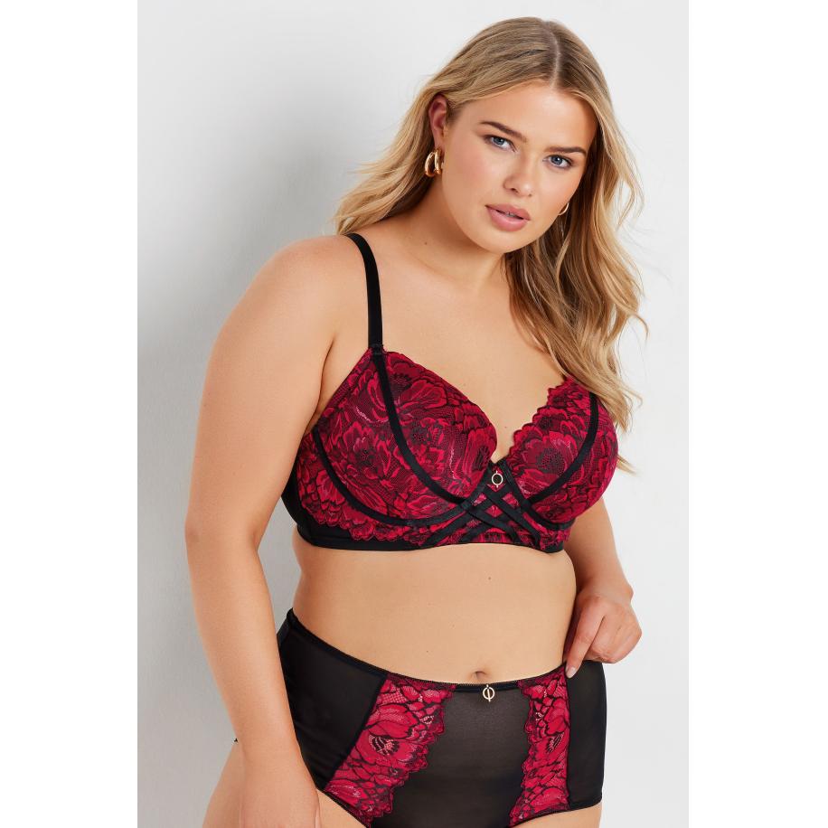 Yours Diepuitgesneden Bh Met Bloemenkant En Bandjesdetail In Zwart/Rood Size 115F Rood