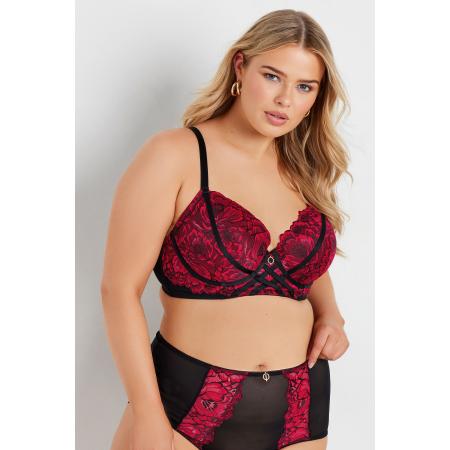 Yours Diepuitgesneden Bh Met Bloemenkant En Bandjesdetail In Zwart/Rood Size 115F