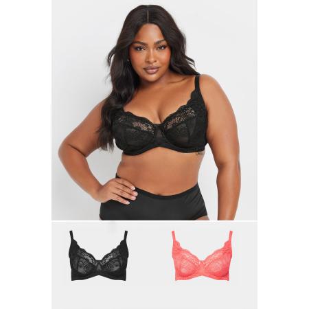 Yours 2 Pack Bh's Met Bloemenkant En Beugel In Zwart/Roze Size 85C