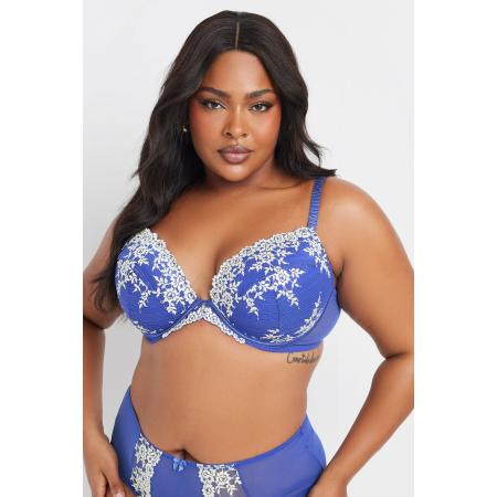 Yours Curve Blauwe Plunge Bh Met Bloemenborduursel Size 115G