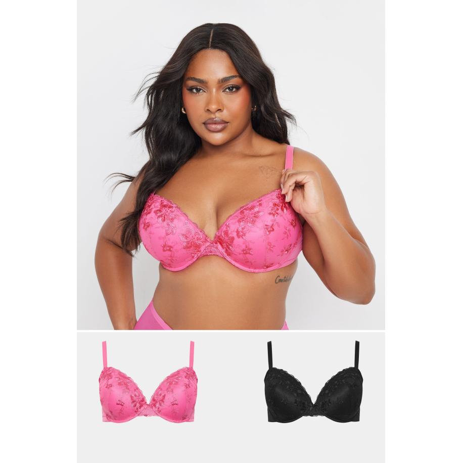 Yours 2Pack Curve Zwarte En Roze Bloemenkant Geborduurde Voorgevormde Bh's Size 110B Zwart