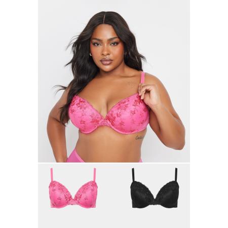 Yours 2Pack Curve Zwarte En Roze Bloemenkant Geborduurde Voorgevormde Bh's Size 110B